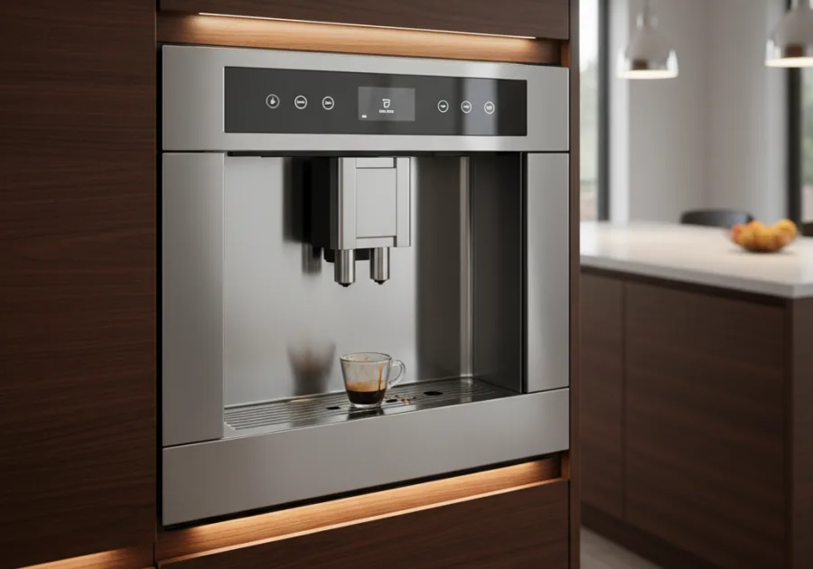 Built-in coffee machine set flush into cabinetry with a cup below the spouts