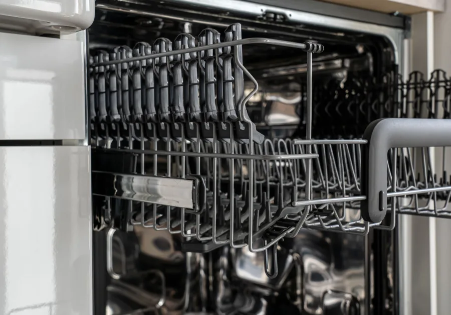 The open interior of a dishwasher with both racks pulled forward