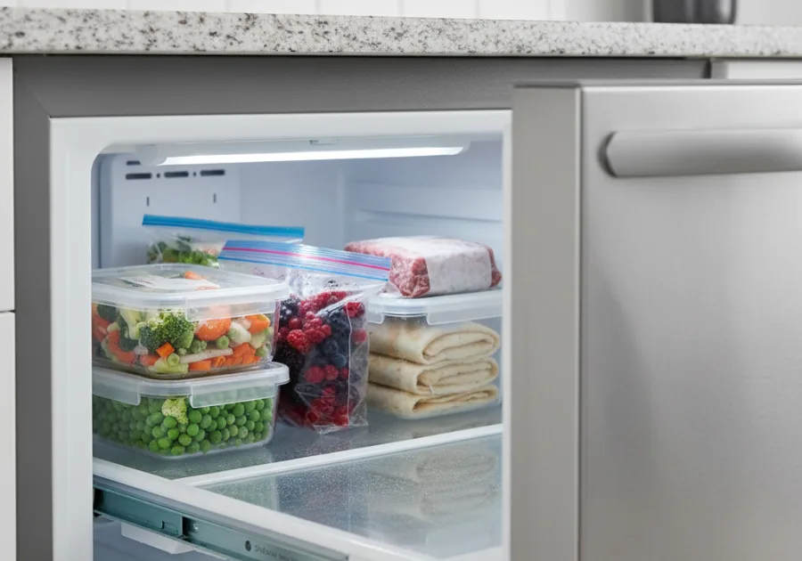 Open freezer drawer packed with frozen food in a home kitchen