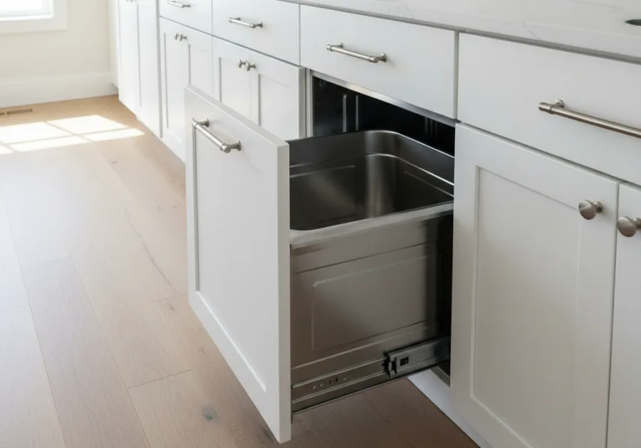 Stainless steel waste drawer pulled open in a run of fitted kitchen cabinetry